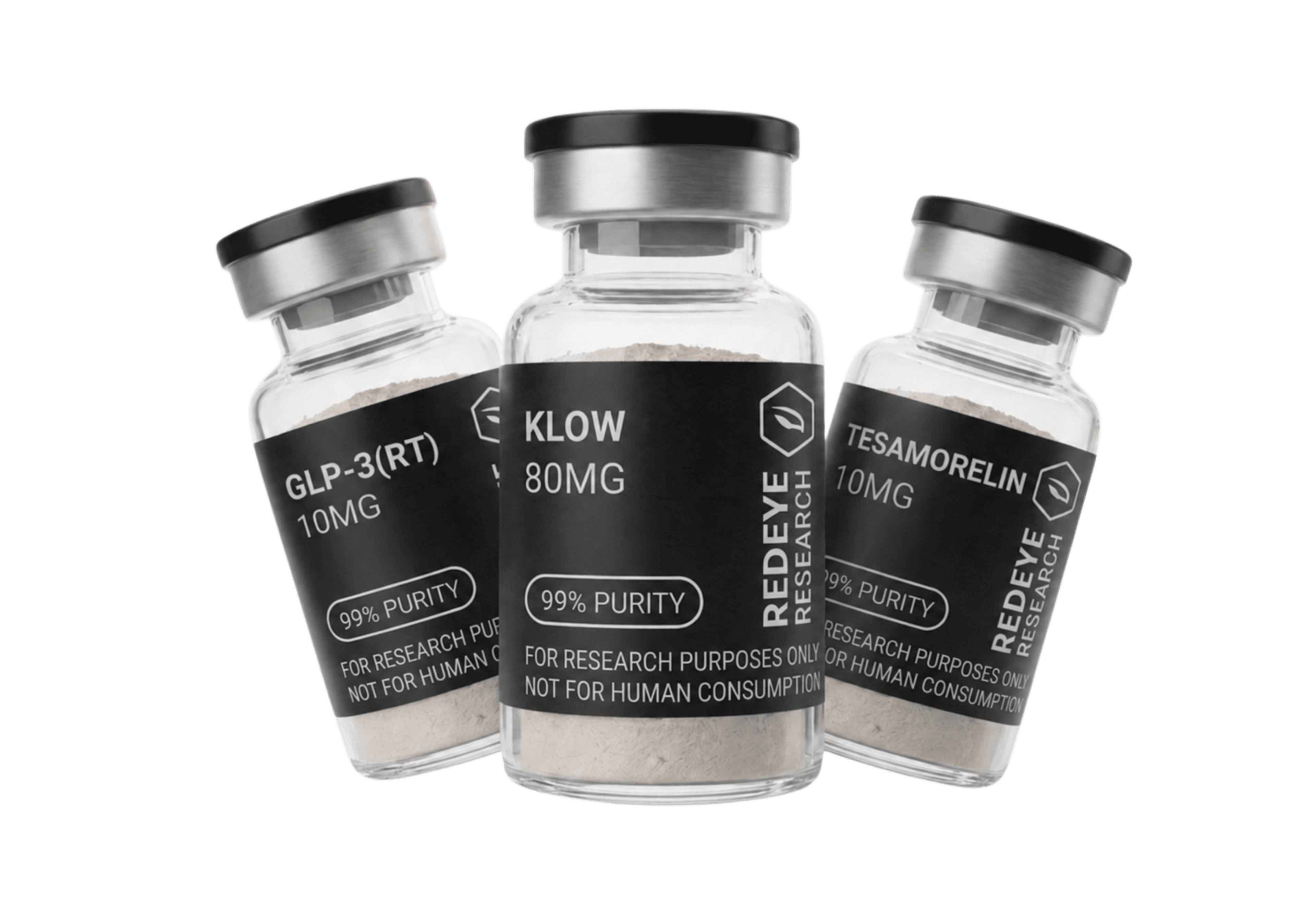 Redeye Research research vials — GLP-3(RT), KLOW, and Tesamorelin